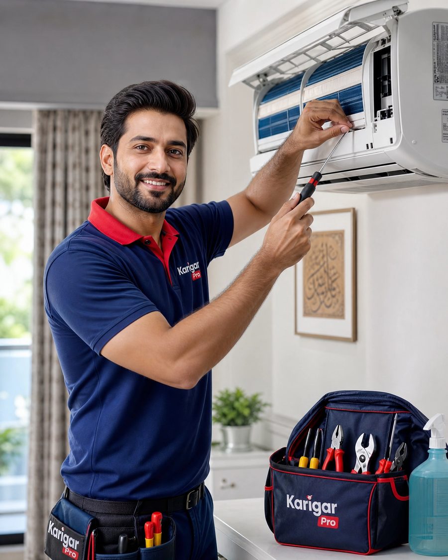 Karigar Pro technician servicing a split AC