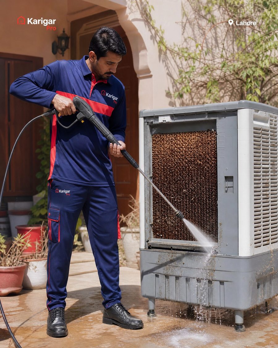 Karigar Pro technician deep-cleaning a cooler
