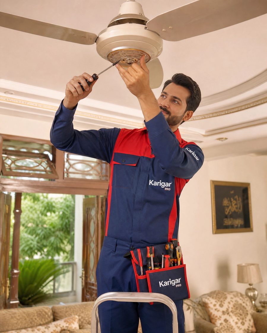 Karigar Pro technician repairing a ceiling fan